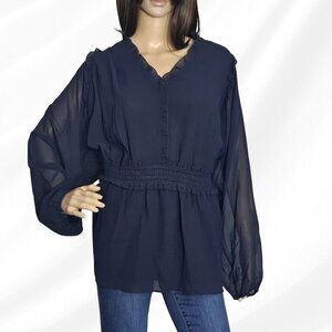 2/$50 City Chic Womens Plus Navy Ruffled Sheer Peplum Top Size XXL/24 NWT